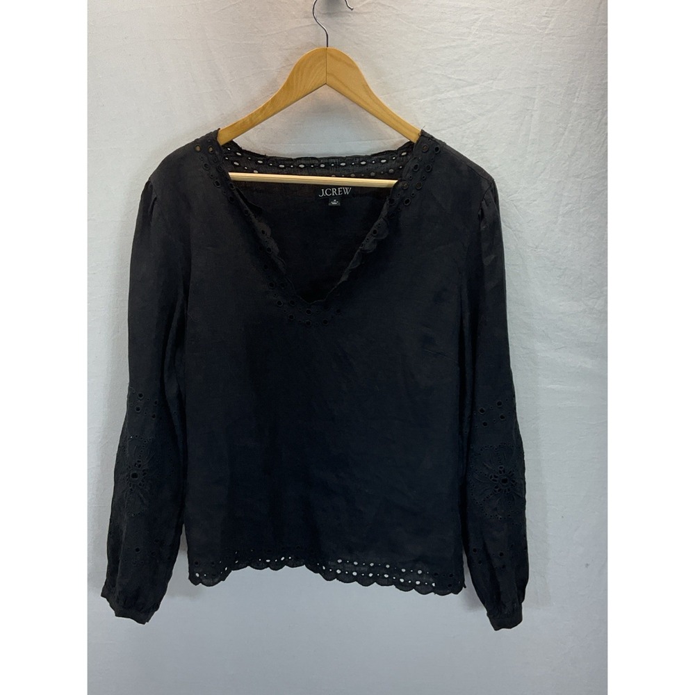 J.Crew Black 100% Linen Eyelet Scalloped V-Neck Blouse Top Sz M Travel Casual